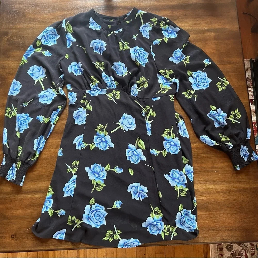 Free People Black Blue Flowers Dress Adjust Cinches & Elastic Waist Back Size M